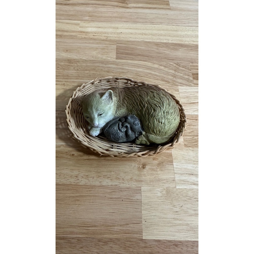 Vintage Sleeping Cat and Mouse in Wicker Basket Figurine Made in Taiwan